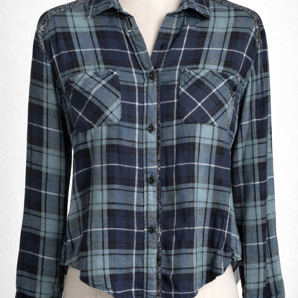Rock & Republic Blue Plaid Flannel With Glitter Trim